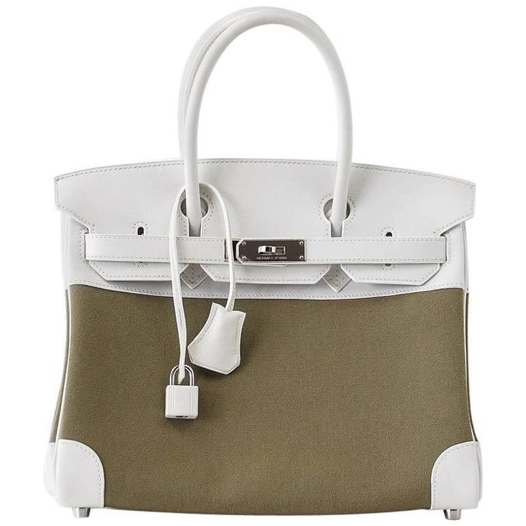 HERMES BIRKIN 30 Bag Olive Toile Officier Canvas Rare White Leather
