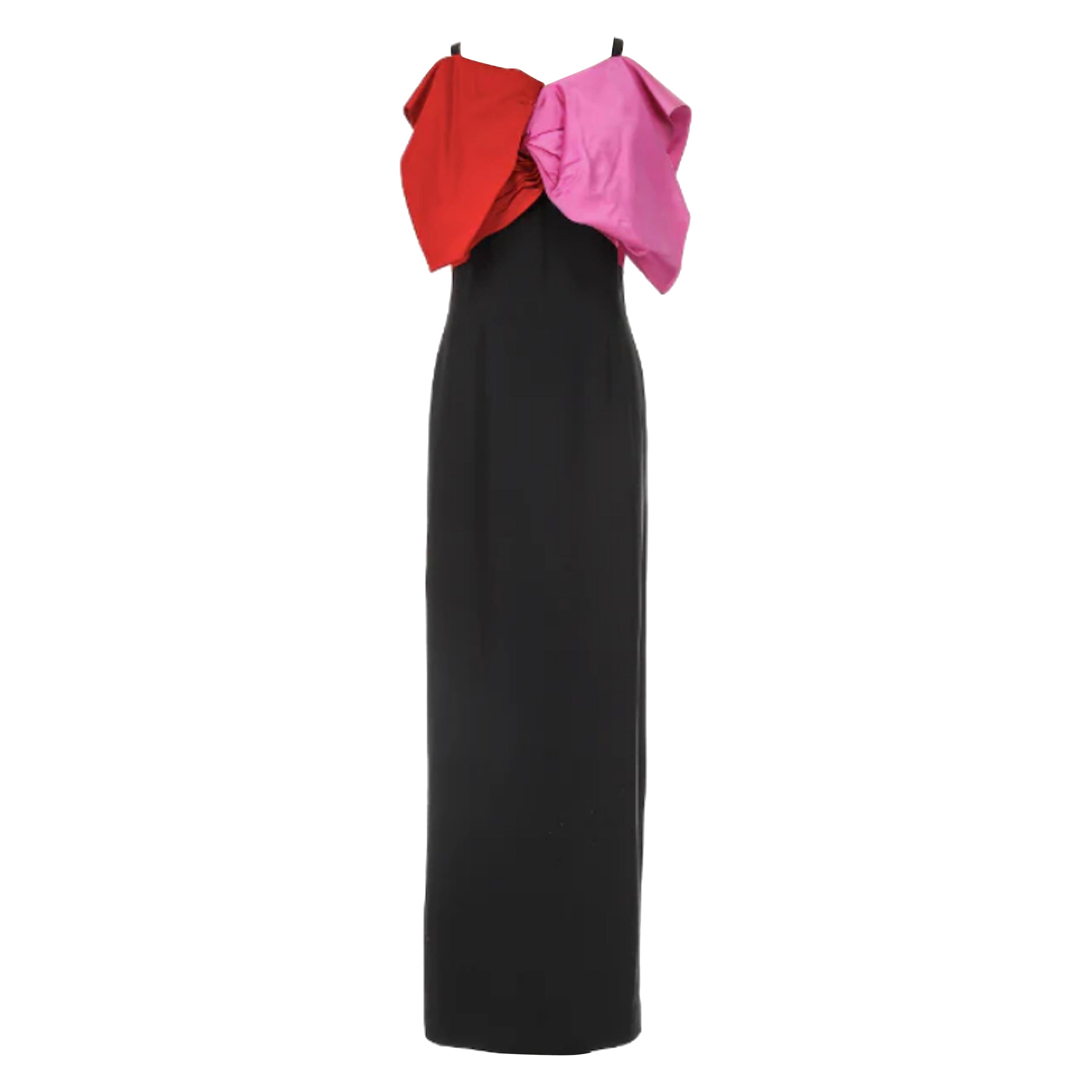 Bill Blass, abito da sera nero anni '70 con fiocco rosa e rosso