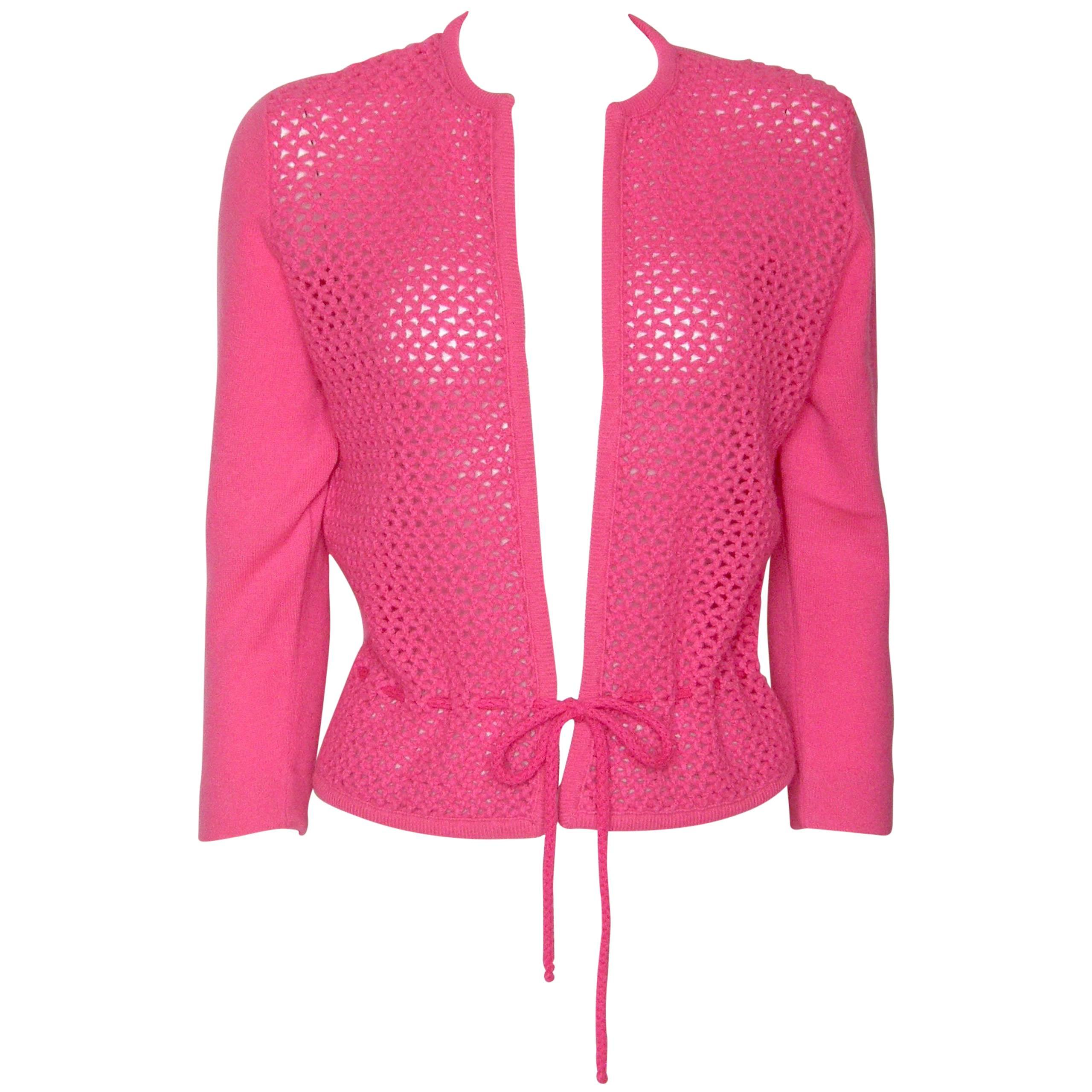 Dalton Shocking Pink Cashmere Cardigan Fishnet Sweater with Waist Tie For Sale