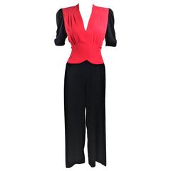 Vintage NORMA KAMALI Black and Red Silk Color Block Jumpsuit Size 6 