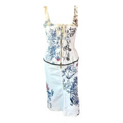 Ensemble 2 pièces Tattoo Corset Bustier Denim Top & Jupe Roberto Cavalli S/S 2003