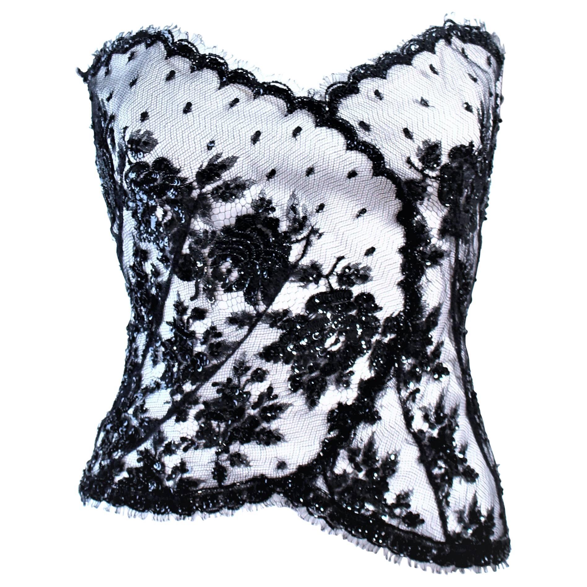 CHRISTINA PERRIN White and Black Beaded Lace Bustier Size 6 For Sale