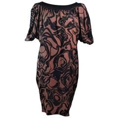 YVES SAINT LAURENT Brown Silk Abstract Floral Dress Size 36