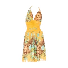 Roberto Cavalli Vintage Orange Leopard and Floral Print Mesh Halter Dress