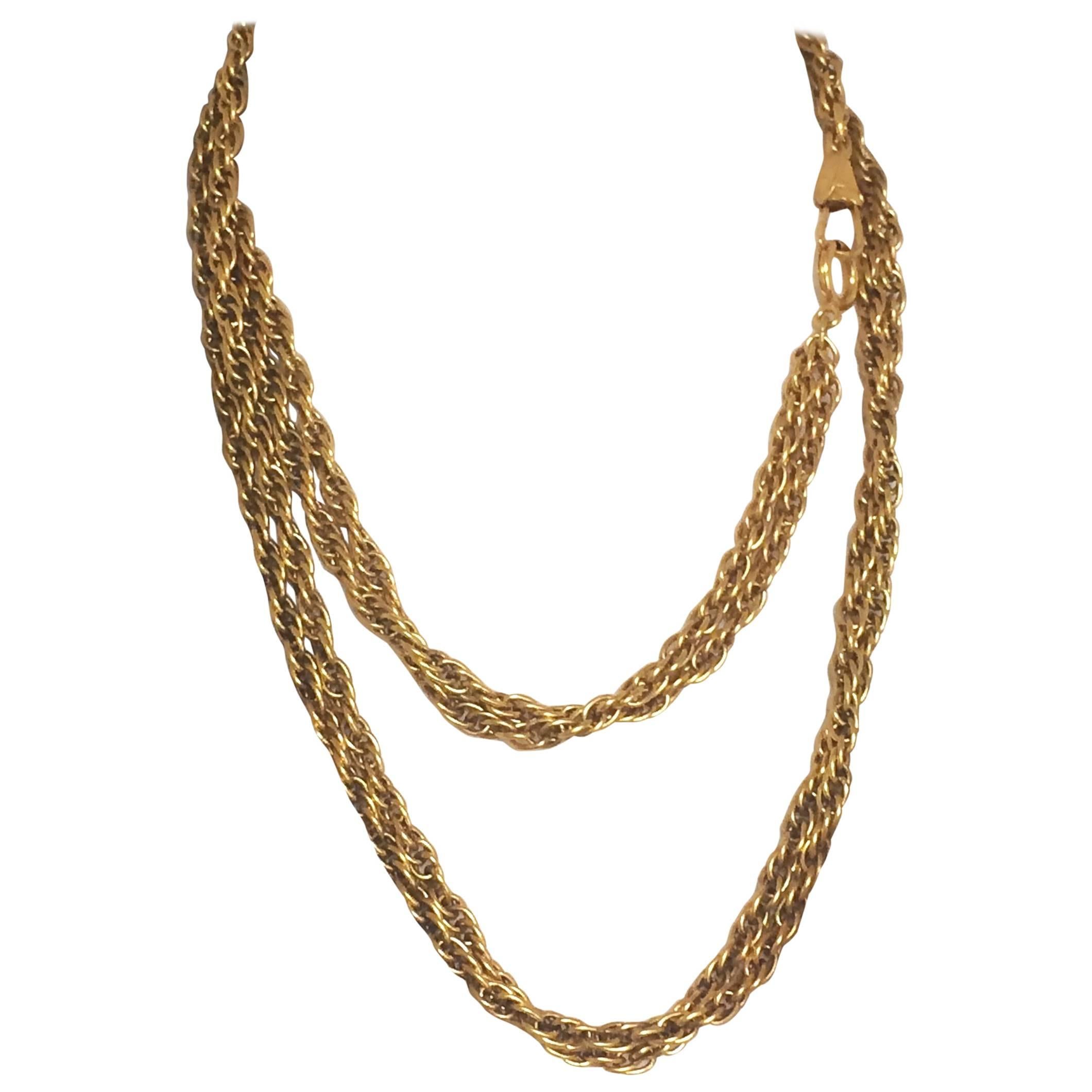 Vintage CHANEL double golden skinny chain long necklace. Classic necklace. For Sale