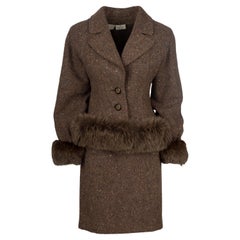 Valentino - Tailleur jupe en laine bouclée marron et marron - années 80