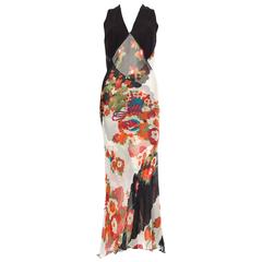 1990s Sheer Japanese Print Bias Chiffon Gown