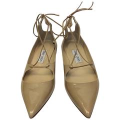Jimmy Choo Tan Patent Lace Up Flats 9