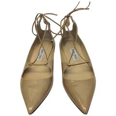 Jimmy Choo Tan Patent Lace Up Flats