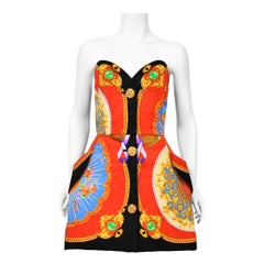 Iconic 1991 Gianni Versace Documented Runway Print Silk Strapless Mini Dress