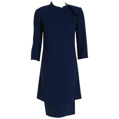 1968 Pierre Balmain Haute-Couture Navy Wool Asymmetric Buttons Tiered Mod Dress 3