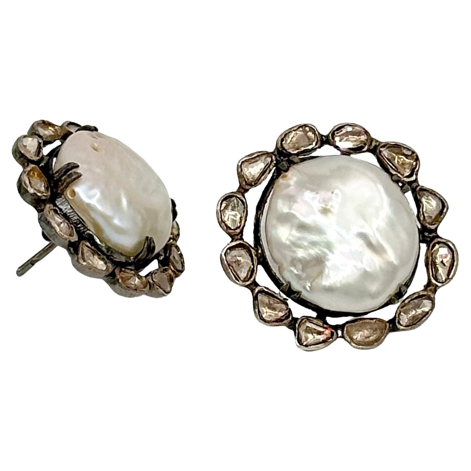 Retro Natural uncut diamonds sterling silver baroque pearl stud earrings For Sale