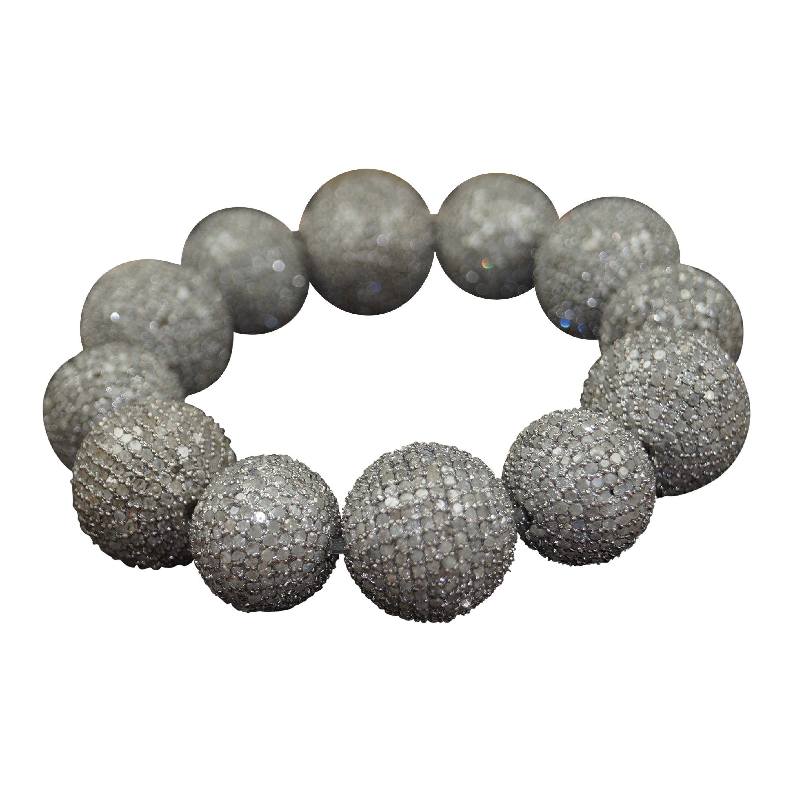 Real classy pave diamond oxidized sterling silver bead ball bracelet For Sale