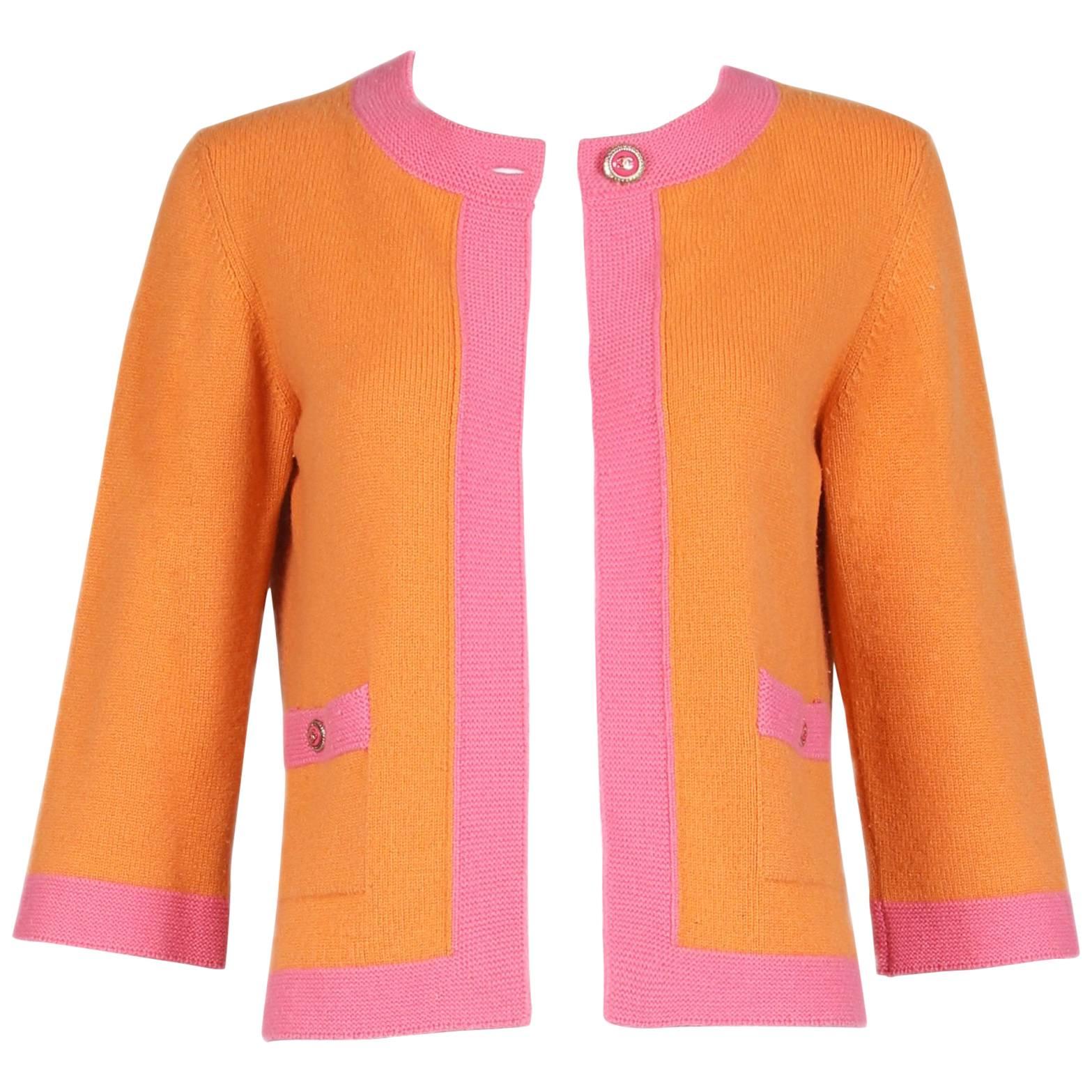 2007 Chanel Orange Cashmere Cardigan W/Chanel CC Logo Buttons & Pink Trim