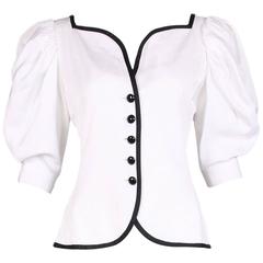 Vintage Yves Saint Laurent YSL White Silk Peasant Top W/Black Trim 5