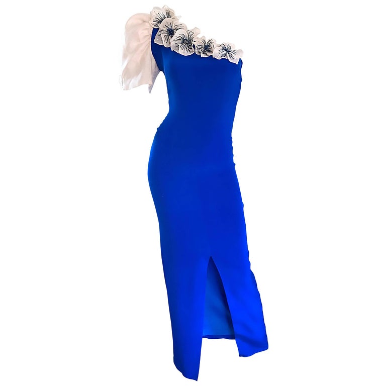 Amazing Vintage Couture Royal Blue One Shoulder Avant Garde Evening Gown / Dress For Sale