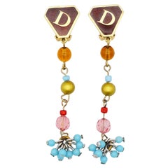 CHRISTIAN DIOR by John Galliano Masai 1990 Gripoix Logo D Tassel Clips Earrings