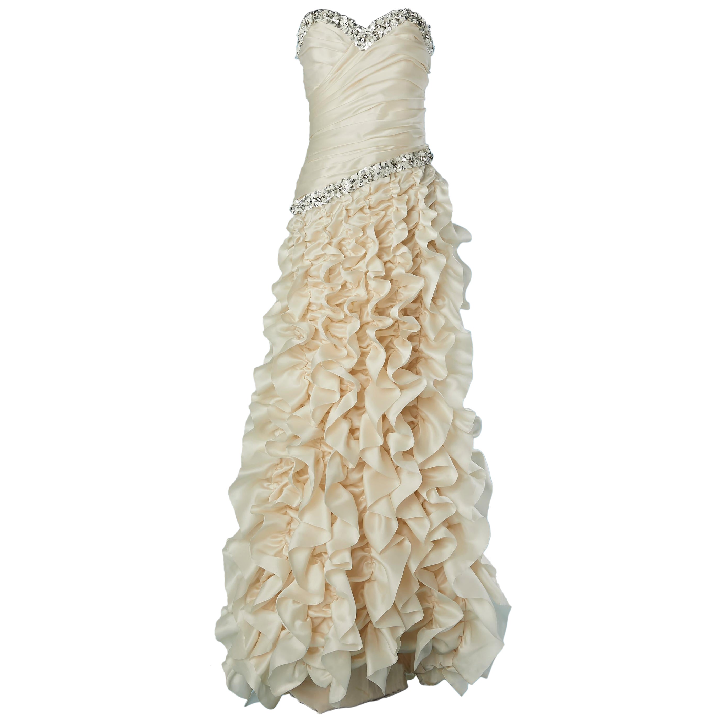 Silk ivory evening dress with drapped, ruffles and embroideries Lorena Sarbu  For Sale