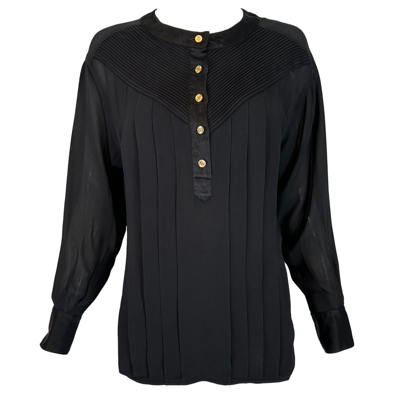 Chanel Black Silk Chiffon & Satin Pleated Long Sleeve Button Front Blouse For Sale