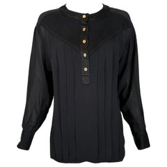 Vintage Chanel Black Silk Chiffon & Satin Pleated Long Sleeve Button Front Blouse