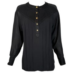 Chanel Black Silk Chiffon & Satin Pleated Long Sleeve Button Front Blouse