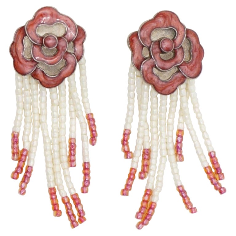CHRISTIAN DIOR by John Galliano 1997 Burgundy Rose Micro Beads Tassel Earrings For Sale
