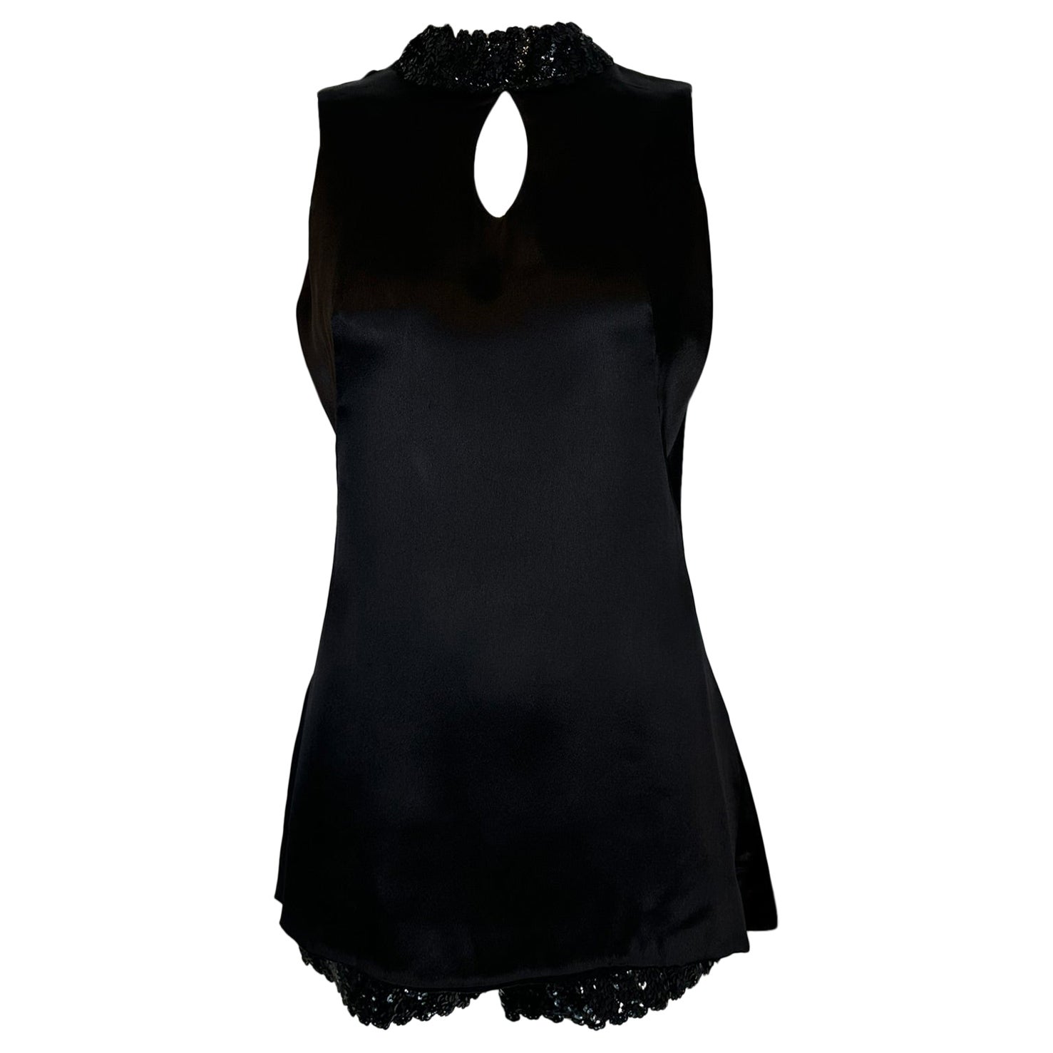 1970s Hot Pants Set Black Satin & Black Sequins Key Hole Tunic Top & Shorts For Sale