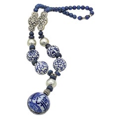Blue on White Porcelain and Lapis Lazuli Pendant Long Necklace