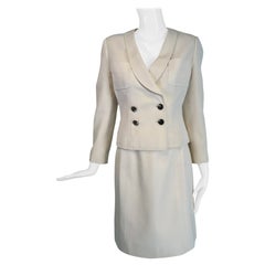Vintage Chanel 1997 C Off White Cotton Pique Double Breasted Cropped Jacket & Skirt 40