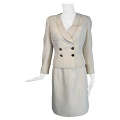 Chanel 1997 C Off White Cotton Pique Double Breasted Cropped Jacket & Skirt 40