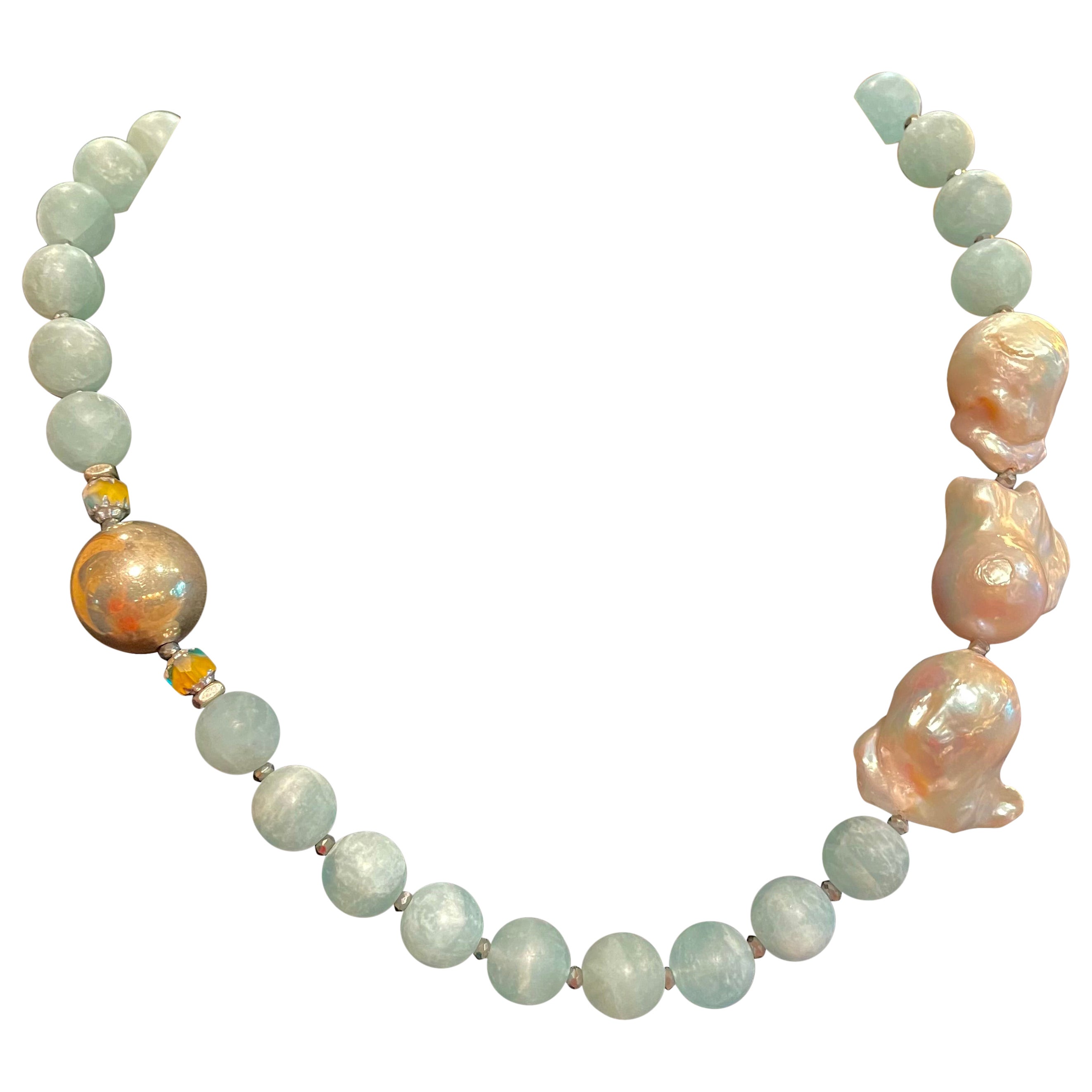 LB offers Large Aquamarine beads and Baroque Pearls Sterling Silver necklace For Sale