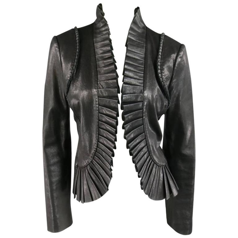 TORY BURCH Size 8 Black Pleated Ruffle Trim Leather Jacket at 1stDibs | ruffle  leather jacket