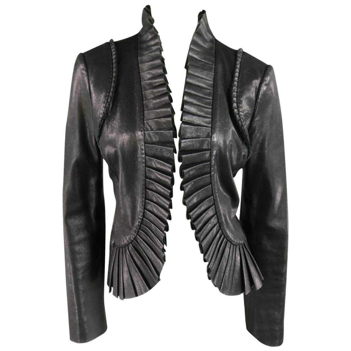 TORY BURCH Size 8 Black Pleated Ruffle Trim Leather Jacket at 1stDibs