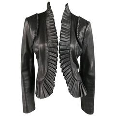 TORY BURCH Size 8 Black Pleated Ruffle Trim Leather Jacket