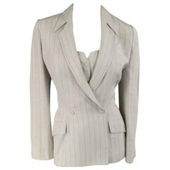 Vintage THIERRY MUGLER Jacket & Vest Size 6 Beige Blue Pinstripe Double Breasted