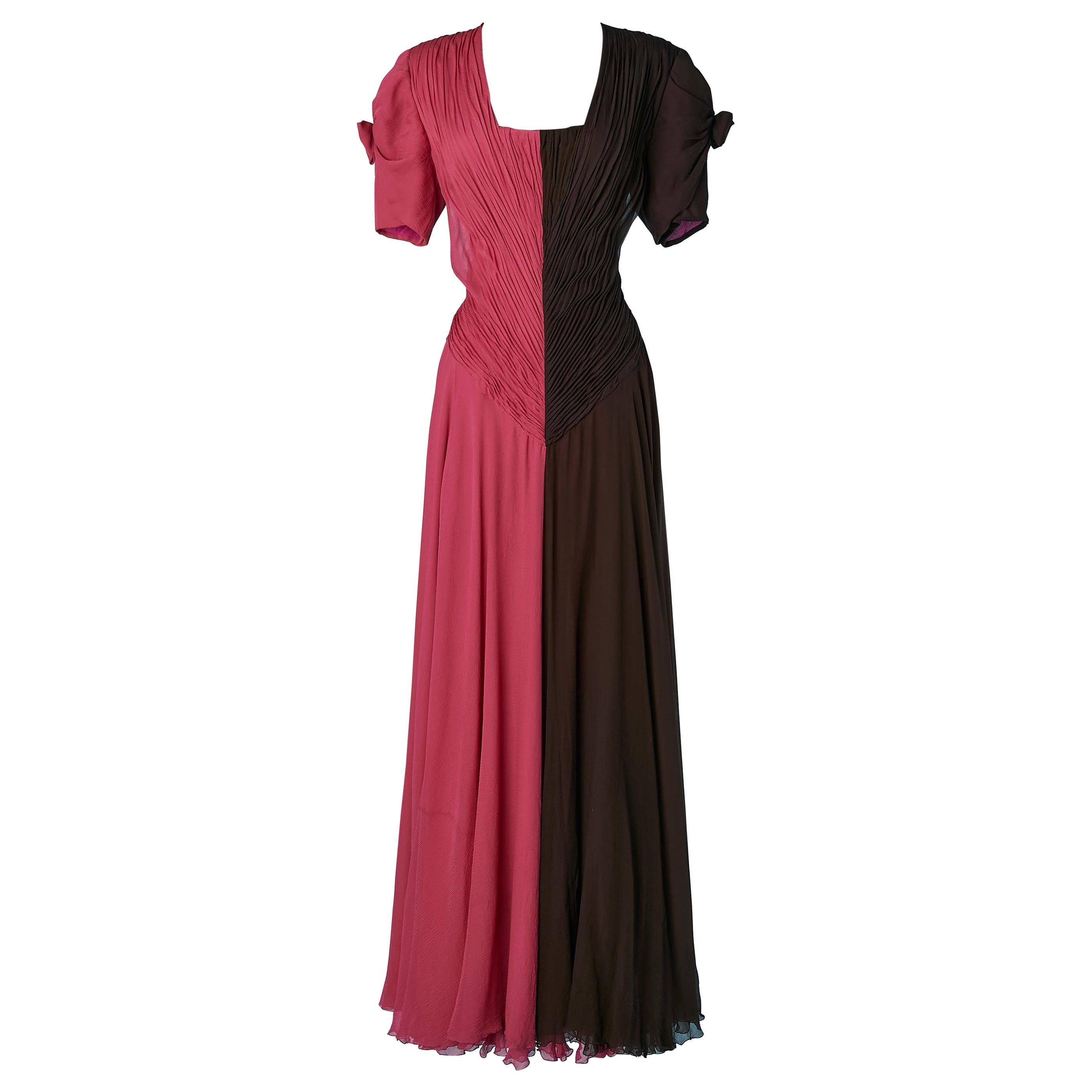 Bicolor drape silk chiffon evening dress with bow Hanae Mori Couture  For Sale