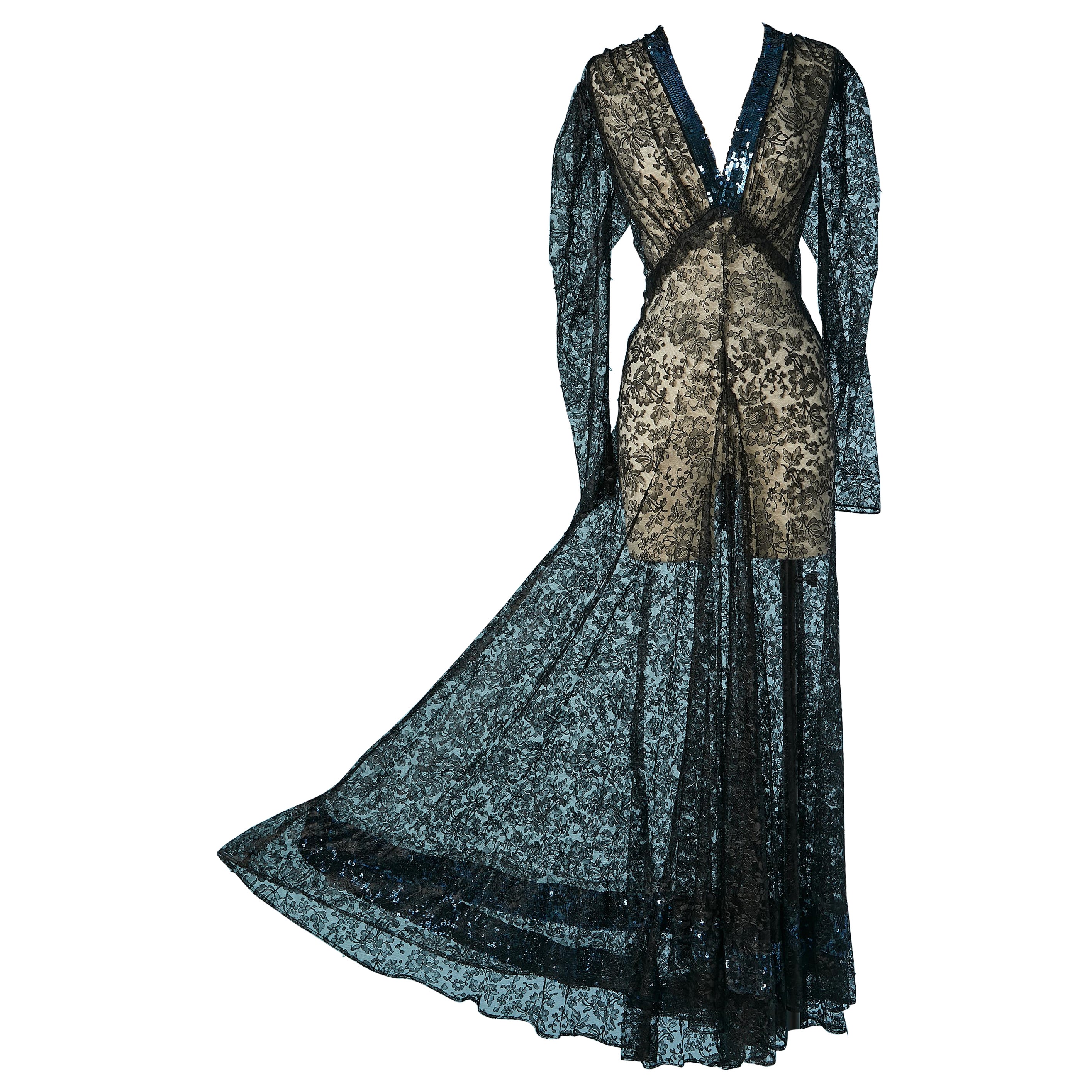 See-through black lace evening dress with blue sequin embellishement Circa 1930' For Sale
