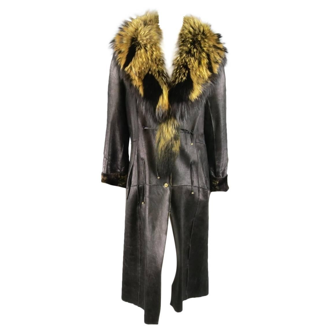 ROBERTO CAVALLI Size 8 Black & Tan Shearling Detachable Racoon Fur Collar Coat