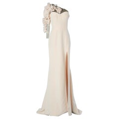 Pale pink asymmetrical evening dress with one sleeve with flowers Lorena Sarbu 