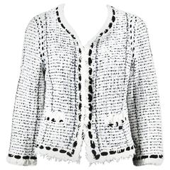 Chanel White Black Boucle Tweed Sequin Embellished Long Sleeve Jacket Size 44