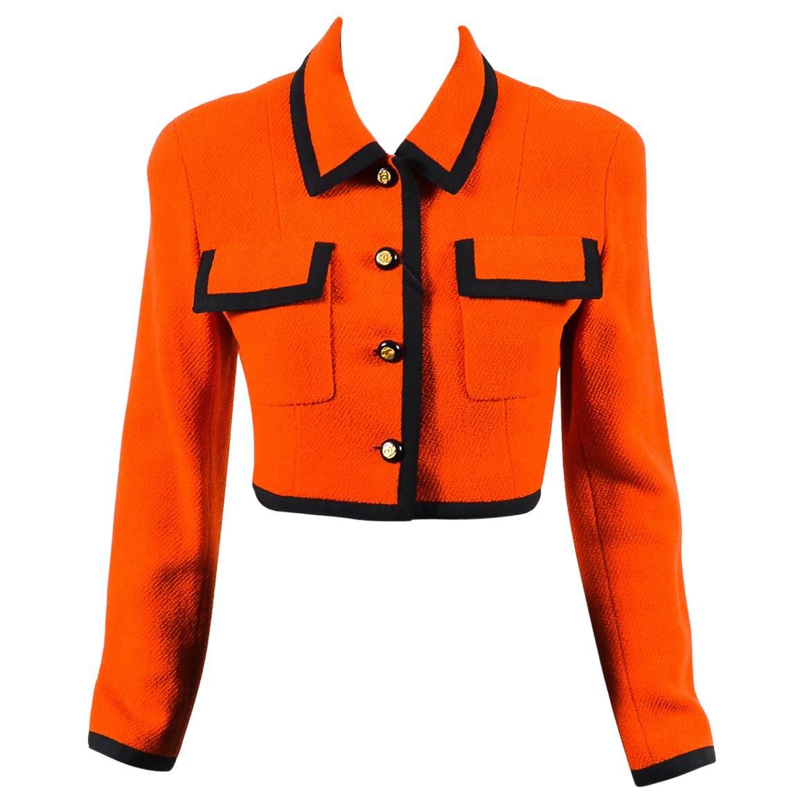 Chanel Boutique Orange Black Wool Trimmed 'CC' Button Up Cropped LS Jacket SZ 36 For Sale