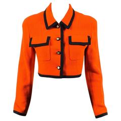 Chanel Boutique Orange Black Wool Trimmed 'CC' Button Up Cropped LS Jacket SZ 36