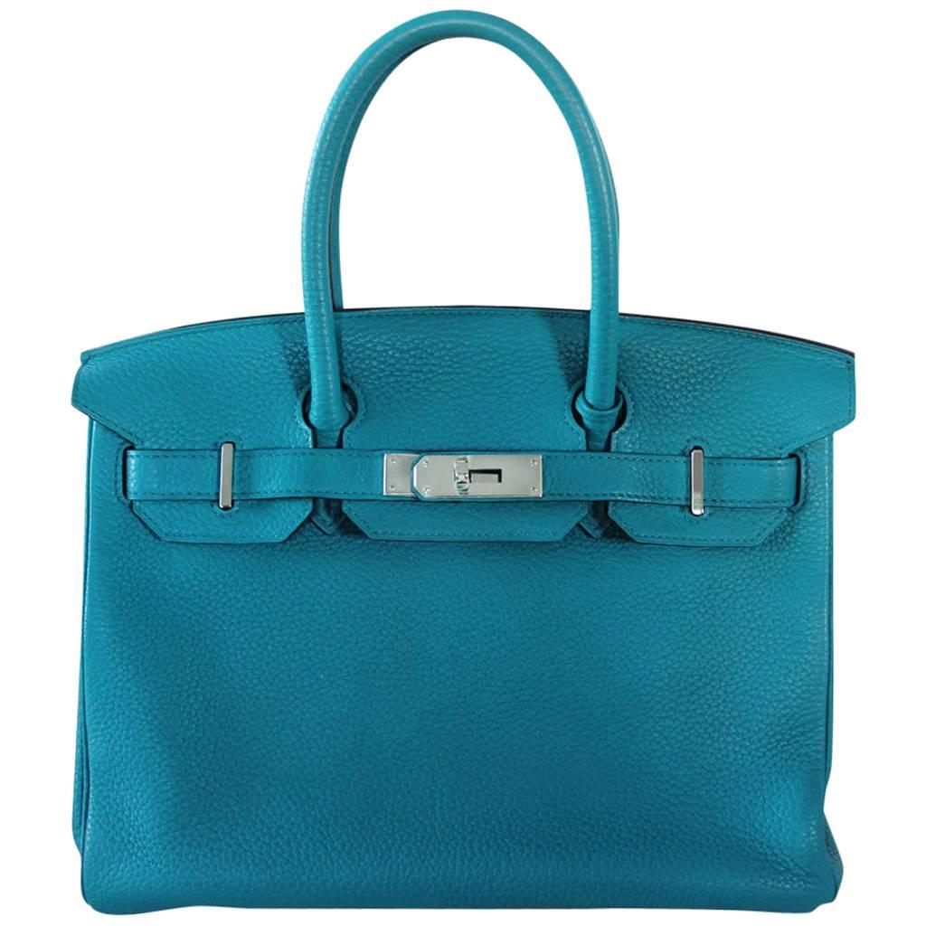 Hermes Birkin 30 Togo Blue Izmir Handbag Purse in Box "O" Stamp