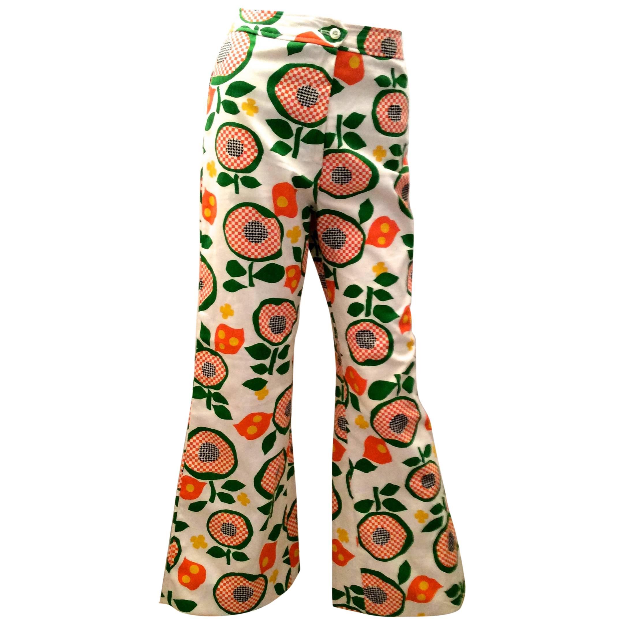 Early 1970’s Floral Denim Bell Bottom Pants For Sale
