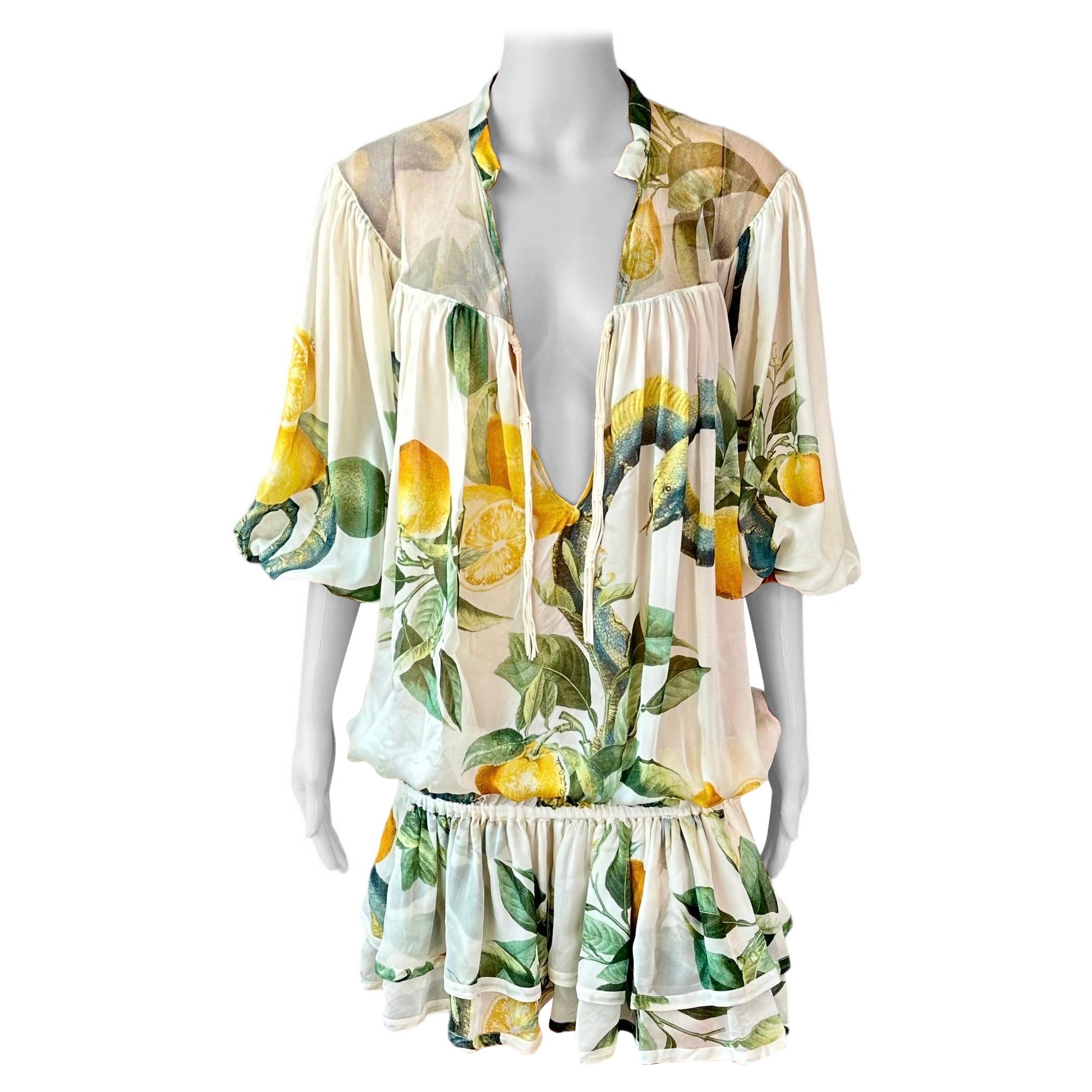 Roberto Cavalli S/S 2005 Runway Lemon Print Plunging Neckline Mini Dress