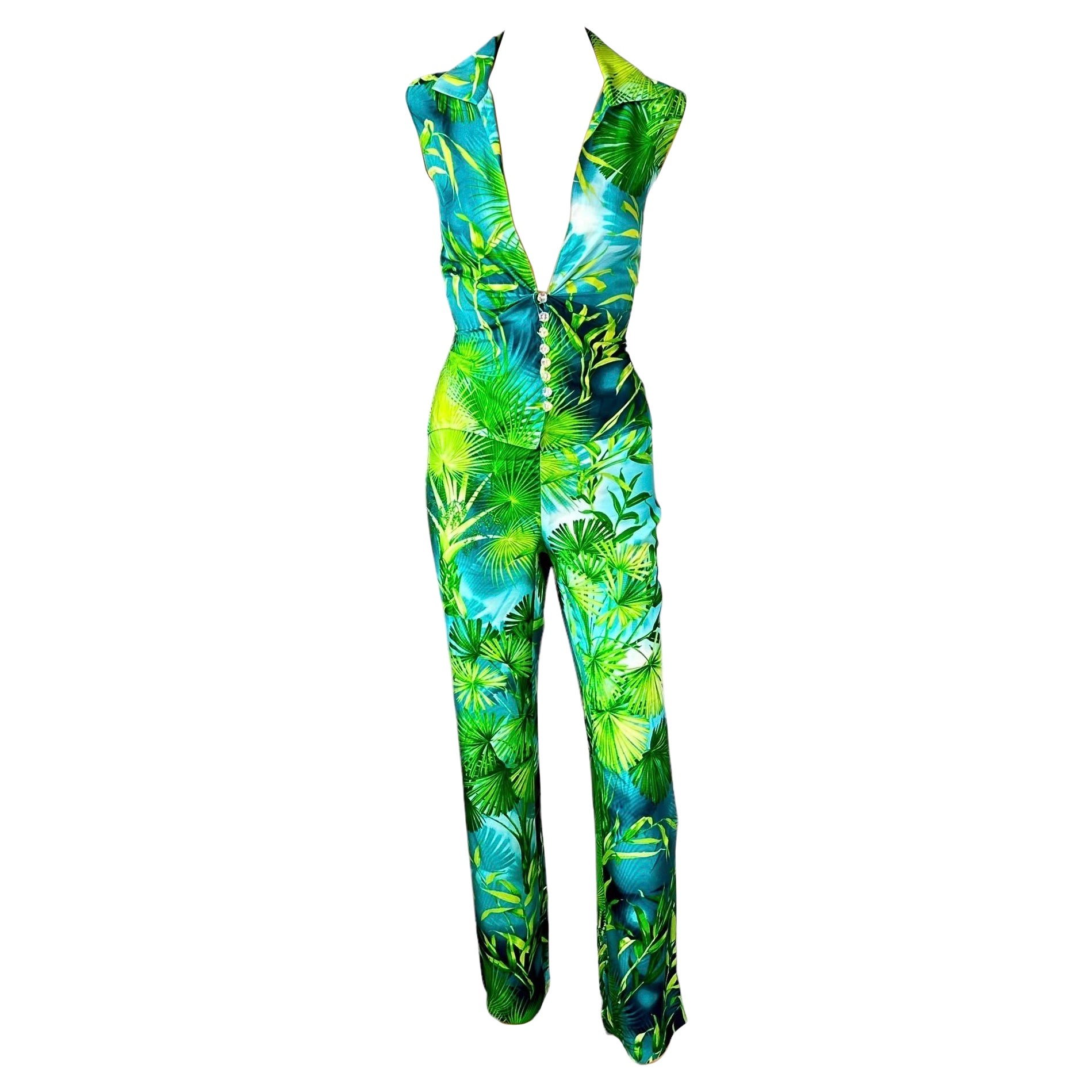 Gianni Versace S/S 2000 Runway Tropical Palm Print Pants & Blouse 2 Piece Set