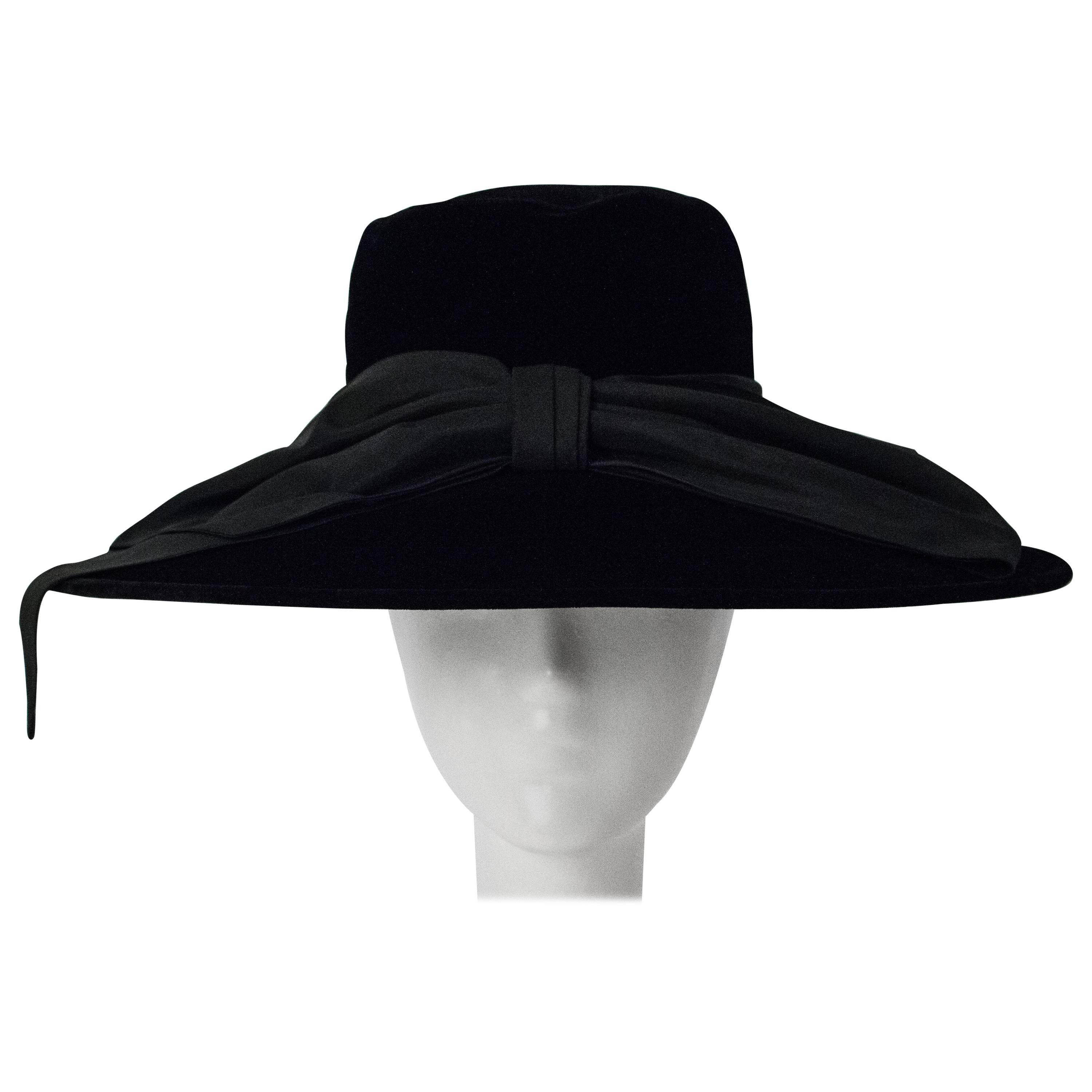 60s Black Velvet Bow Hat Audrey Hepburn Style 