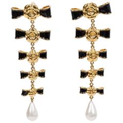 1970's Chanel Extra Long Bow & Pearl Earrings