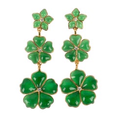 Augustine Golden Metal Earrings with Rhinestones and Green Glass Paste