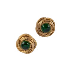 Vintage Chanel Golden Metal Green Clip-on Earrings